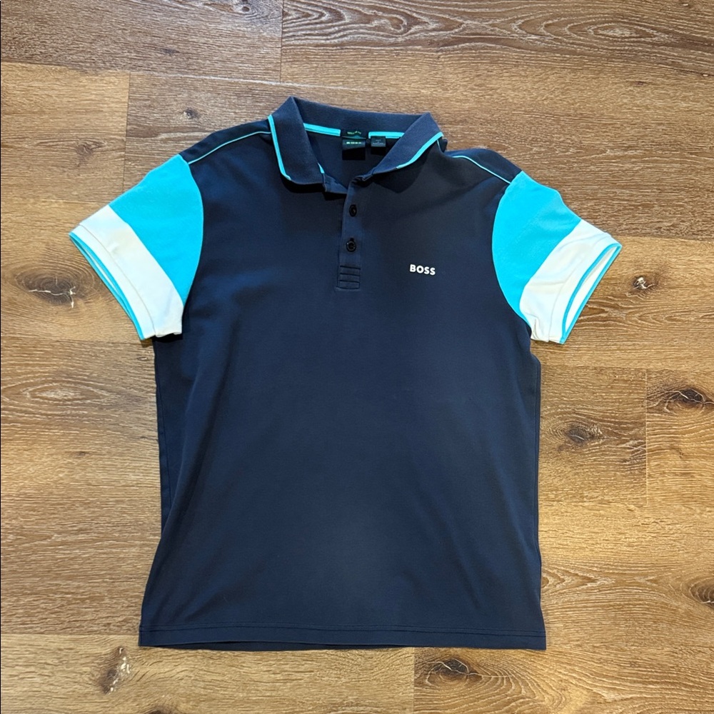 Boss Dark Blue Polo with Aqua and White Sleeves